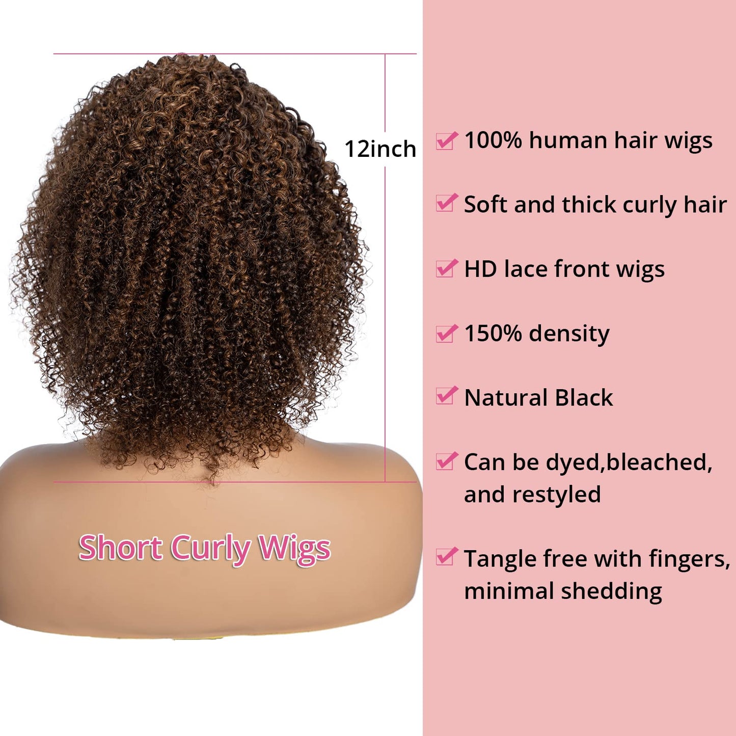Short Curly Human Hair Lace Front Wigs for Black Women 13x5 HD Lace Side Part Wigs Pre Plucked Brazilian Virgin Human Hair Wigs with Baby Hair 150% Density Ombre Highlight Brown (12 inch)