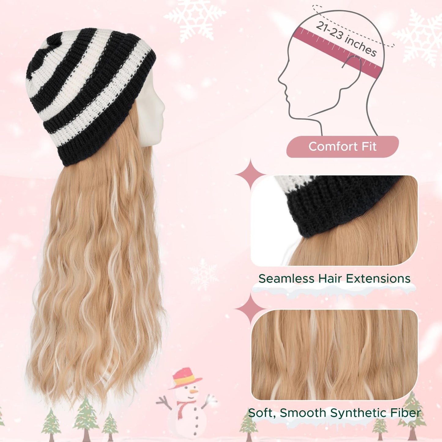 SEGOHAIR Beanie Wig with Hair, 18 Inch Synthetic Hair Extensions in Wavy Styles, Knitted Winter Hat in Black/White Stripes with Attached Hairpiece for Women, #18P613 Ash Blonde Mix Bleach Blonde