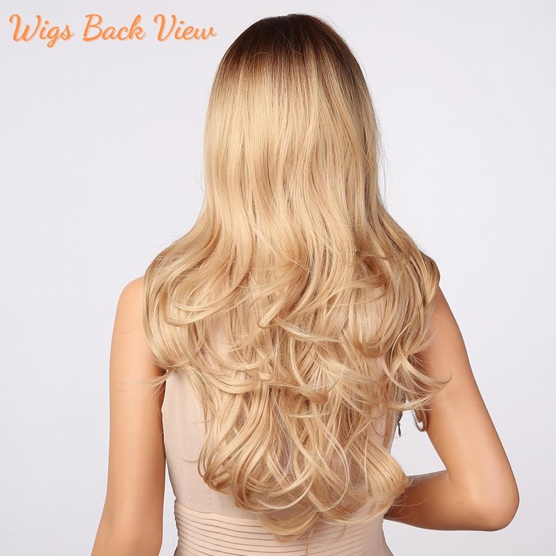 Blonde Wig with Bangs - Long Wavy Ombre Synthetic Hair | Light Ash Blonde with Dark Roots, Perfect for Halloween & Christmas