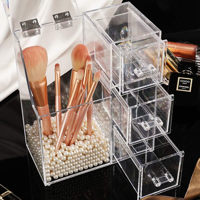 ShellKingdom Makeup Brush Holder,Clear Cosmetic Brushes Organizer With Drawer for Storage Brushes with Lid and Pearl for Dressing Tables and Vanity