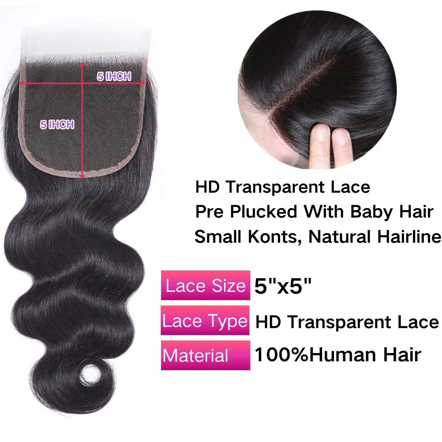 5x5 HD Lace Frontal Closure Body Wave Human Hair Extension - 16 Inch, Virgin Remy, Pre-Plucked, Natural Black