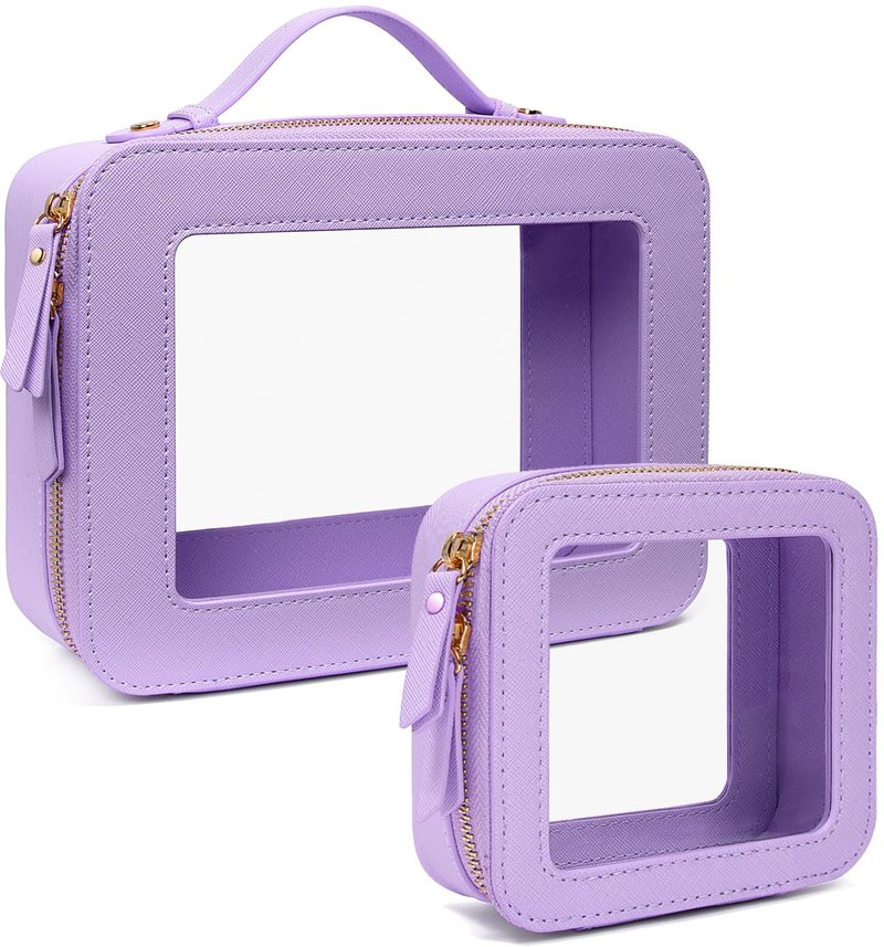 LETGO Clear Makeup Bag Organizer Set,Portable Travel Toiletry Case for Women, Vegan Leather Cosmetic Pouch Car Bag for Essentials(Mini+Large Purple)