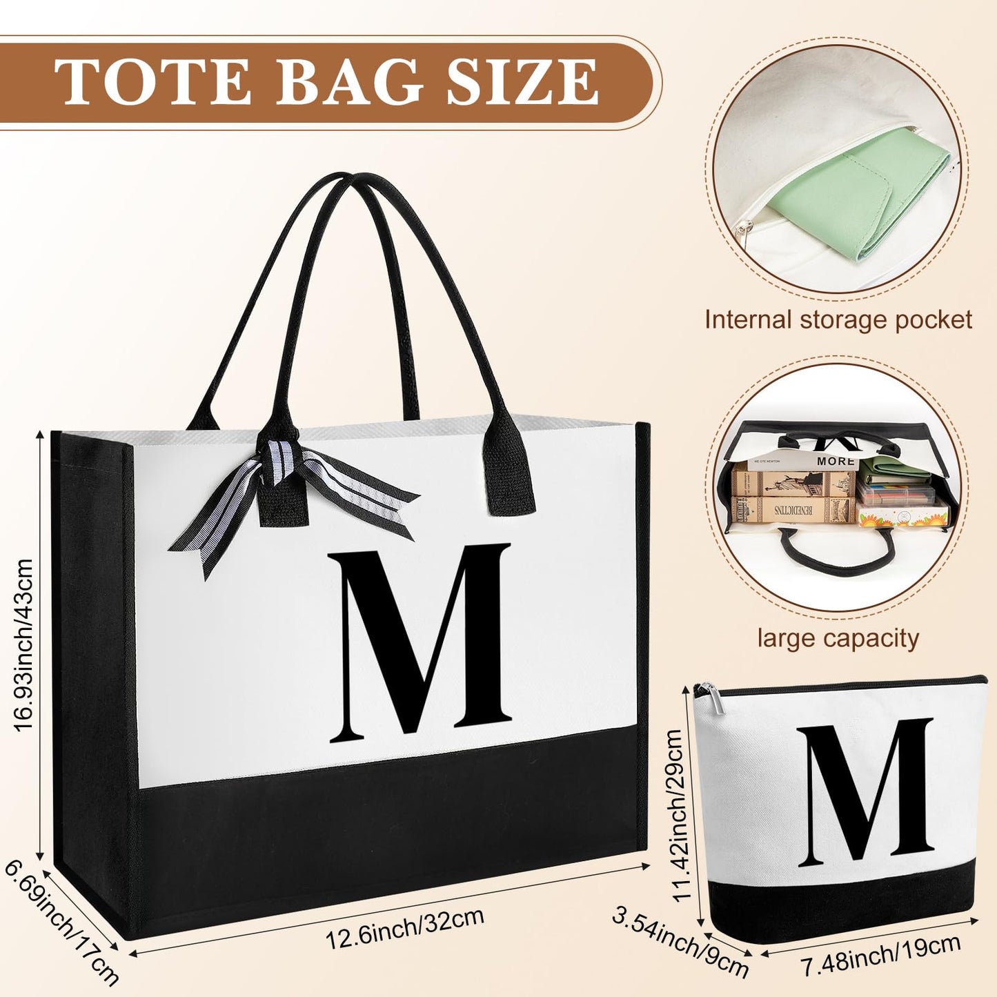 Aliceset Initial Gifts for Women Monogram Canvas Tote Bag and Makeup with Zipper and Initial Glass Coffee Cup Gifts for Her(Letter M)