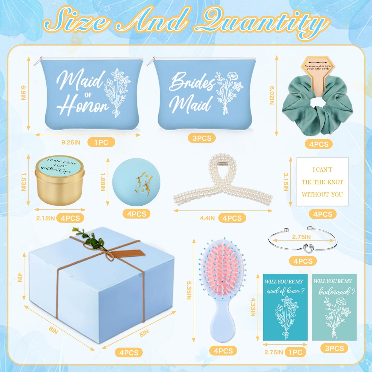 53pcs Bridesmaid Gifts Set of 4 Blue,Maid of Honor Proposal Gifts,Bridesmaid Proposal Boxes Set,Cosmetic Bag Scented Candle Salt Ball Scrunchies Hair Clip Knot Bracelet Bridal Party Bachelorette