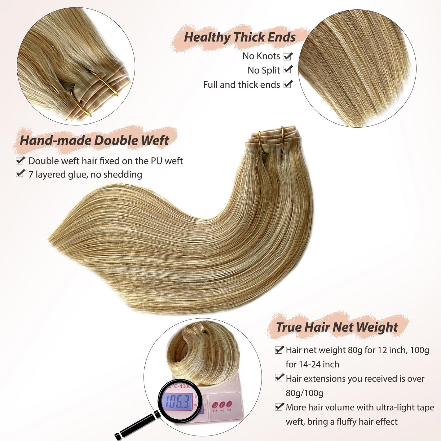 Real Human Hair Clip in Extensions, 20' Colored Seamless Wefts - 7PCS 100G PU Skin - Caramel Blonde to White Blonde