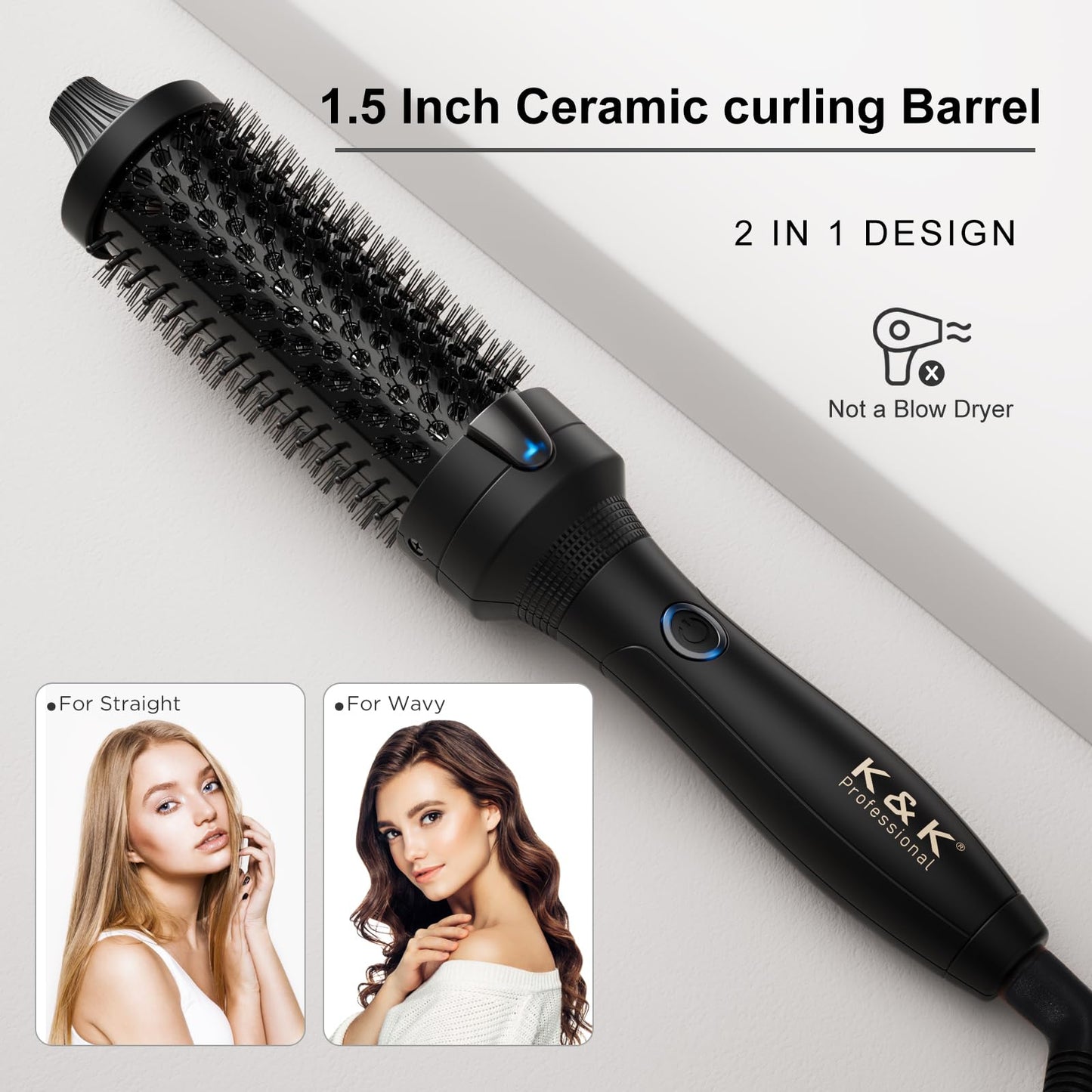 K&K Thermal Brush, 1.5 Inch Ionic Heated Round Brush, Professional Heated Ceramic Tourmaline Coating Curling Iron, Hot Styling Volumizing Tool, Dual Voltage, Pink