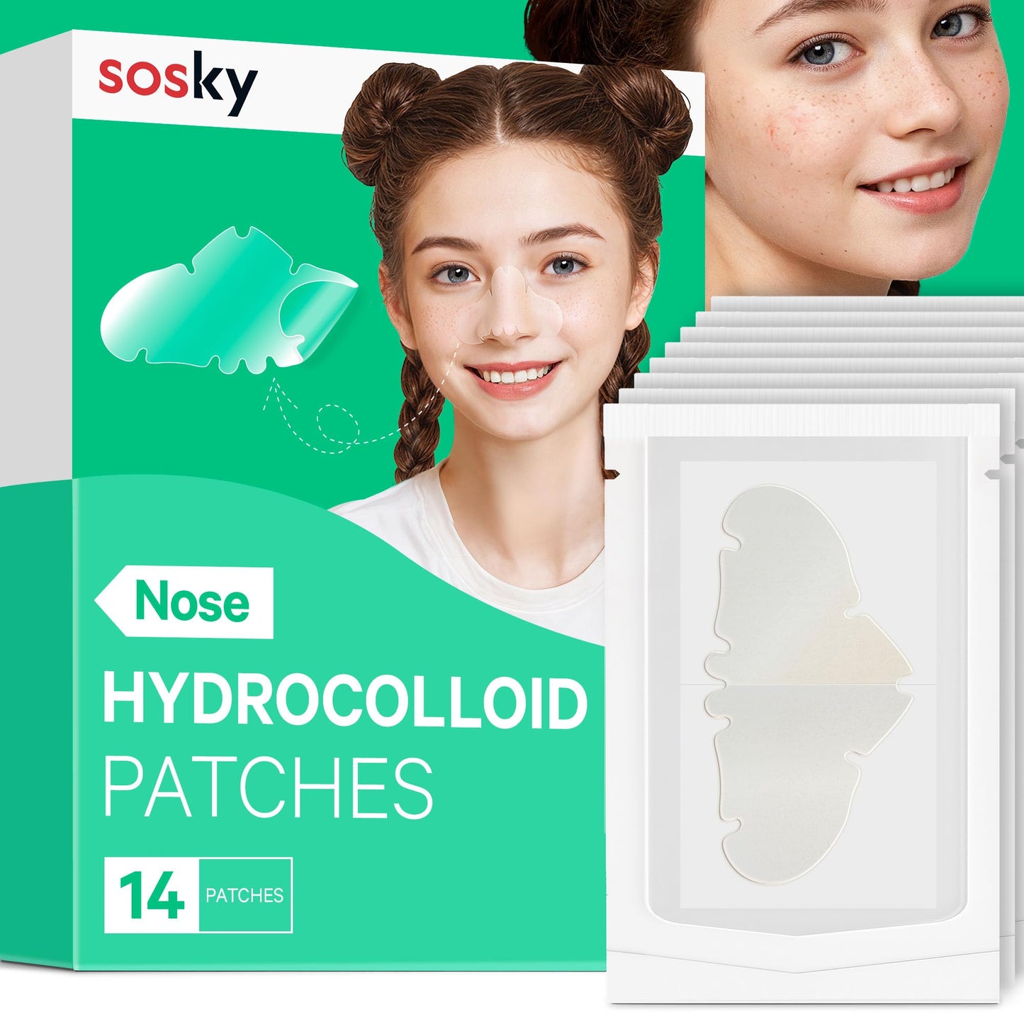 Sosky Hydrocolloid Pimple & Pore Patches for Nose, Absorb Oil Overnight, Target Pimples, Zits and Pores, FSA Eligible Acne Patches, Clear Skin, 14 Count