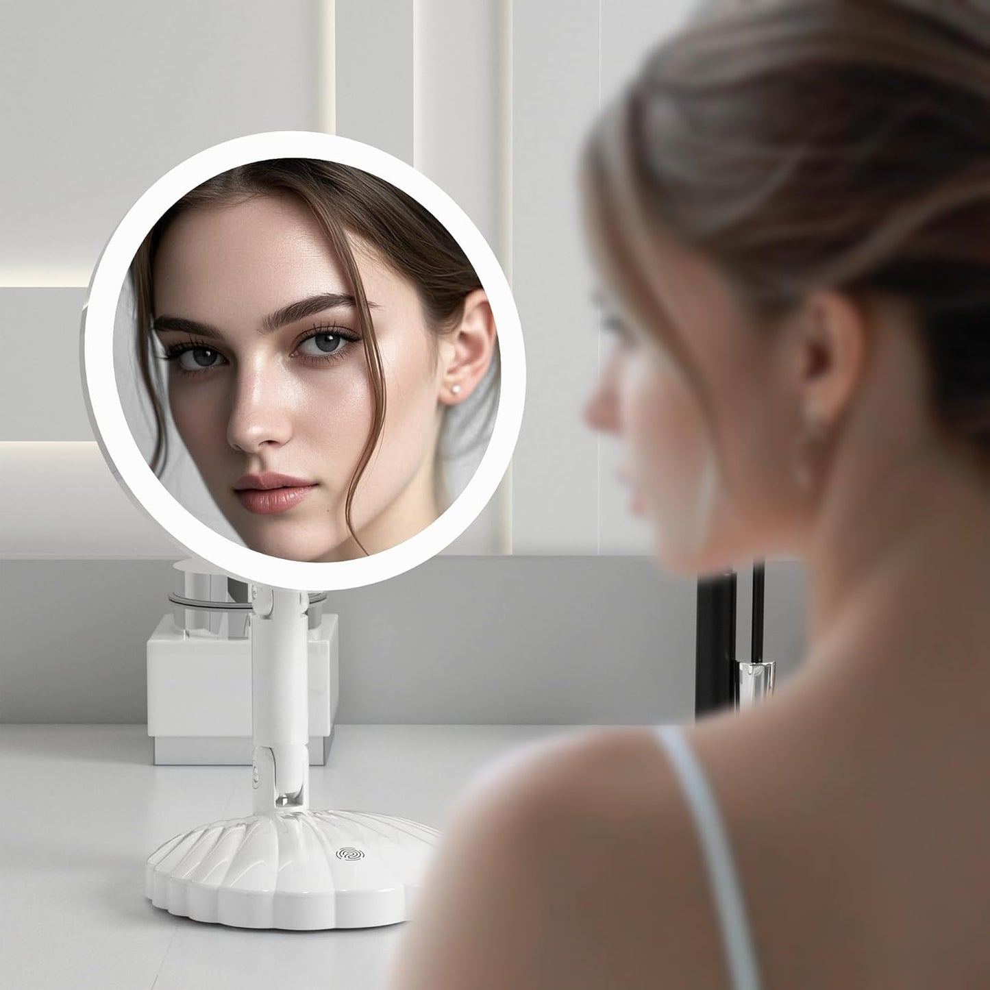 Portable Travel Vanity Mirror with Lights - Interchangeable Design & 1/15X Magnification | Stepless Adjustable Brightness, 3 Color Modes