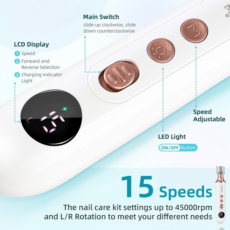 JODSONE Professional Manicure Pedicure Set with 8 Replacement Bits LED 15 Speed Display Multifunctional Rechargeable Cordless Nail Toenail Drill Rose Gold