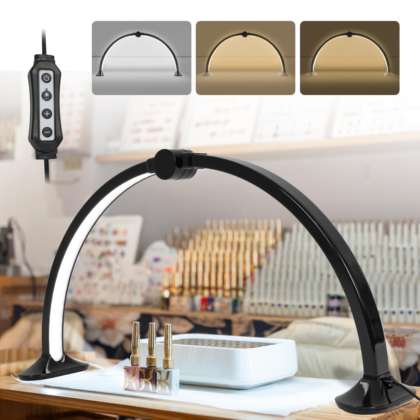 Yesibeike Half Moon Light for Nail Desk with Phone Stand,28 Inches 48W, 3 Color Temperature Adjustable & Dimmable for Eyelash Tech, Makeup, Tattoo, Spa, Salon，Manicure Nail Art Fill Light(Black)