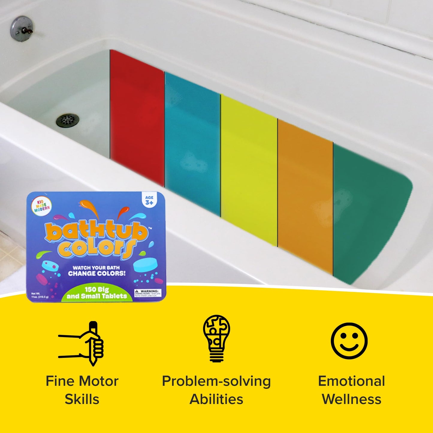 Kid Made Modern Bath Color Tablets for Kids - 450 Non Toxic Bath Drops for Toddlers Blue, Yellow, Pink, and Purple Bathtub Color Fizzies Tablets - Fun & Mini Bath Bombs (150 Count / 3 Pack - Ages 3+)