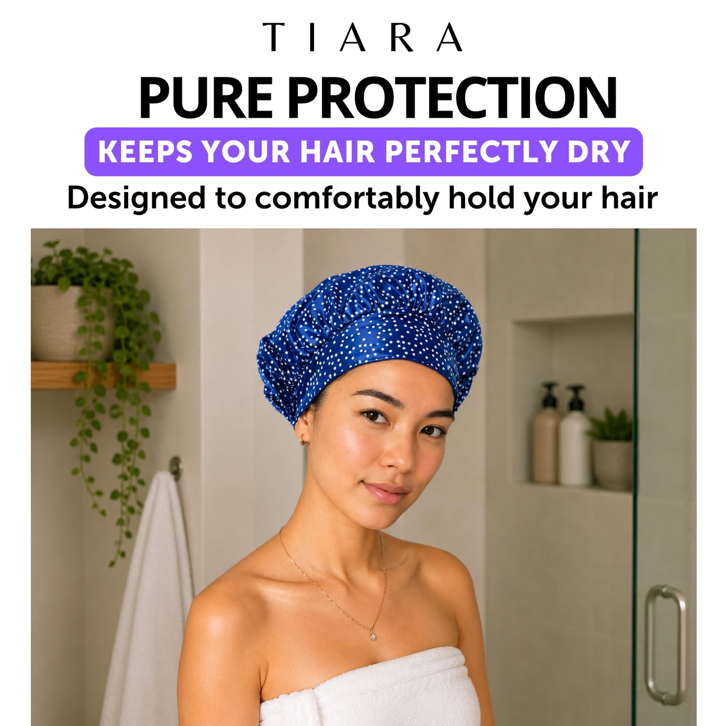 TIARA Reversible, Reusable, Waterproof Shower Cap – Large Shower Cap for Long. Short, Braided, or Thick Hair, Reversible Deep Conditioning Hair Cap, Soft Terry Lined, Machine Washable (Blue Dots)