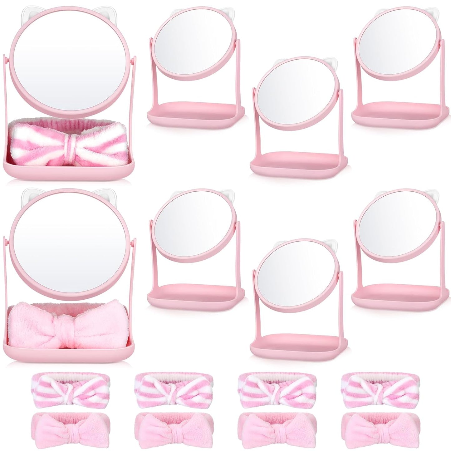 DoubleFill 8-Piece Spa Party Supplies Set | Cat Table Mirrors & Pink Bow Headbands for Slumber Birthday Parties