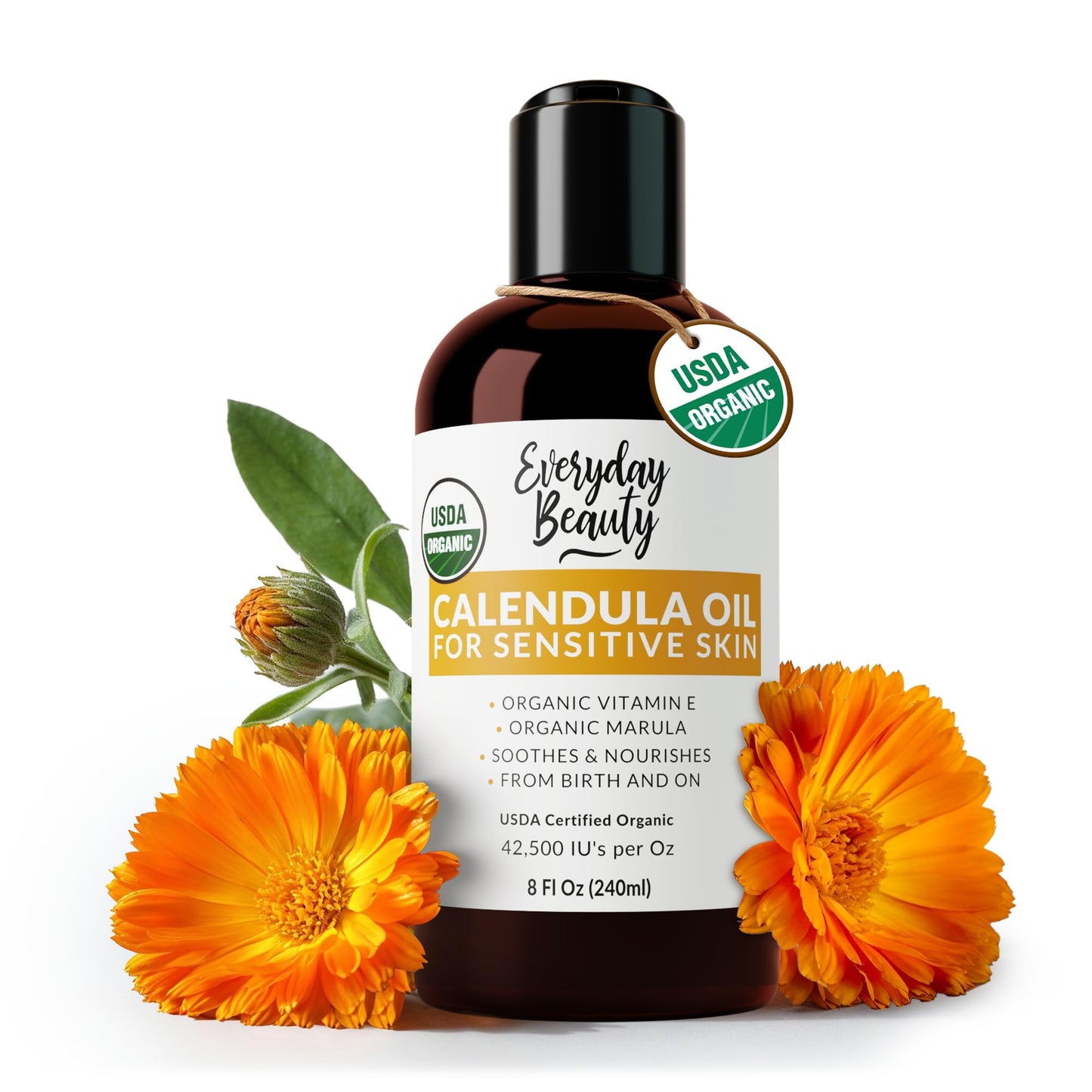 Organic Calendula Oil For Sensitive Skin -Bulk 8 Fl Oz- USDA Organic Certified 100% All Natural Plant Based, Lightweight & Unscented Gentle Soothing Oil For Sensitive Skin - For Face, Skin & All Over