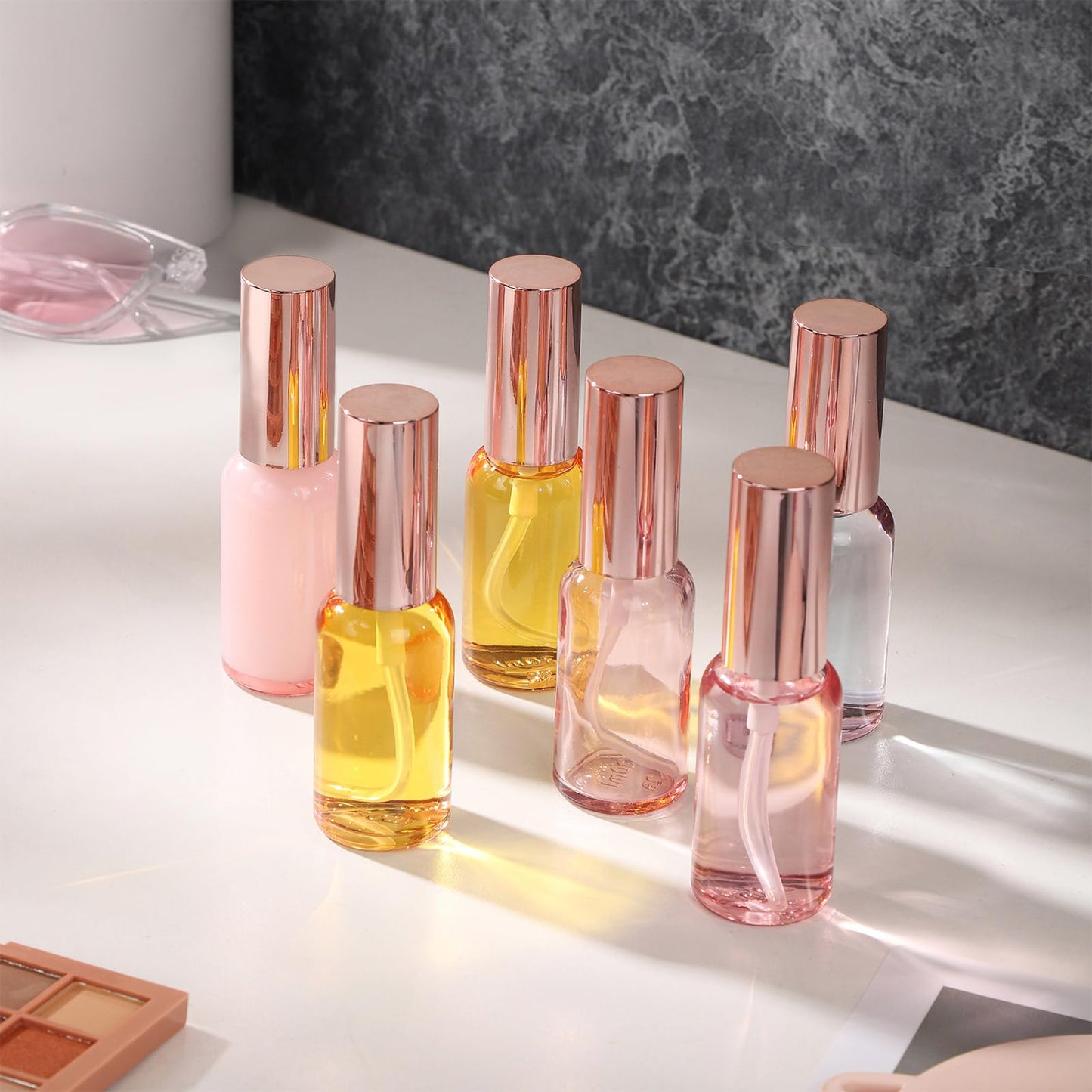 RAMFIYN 24 pack 1oz Pink Glass Spray Bottles Refillable Empty Perfume Pump Sprayer Mini Pink Fine Mist Atomizer with Rose Gold Lid for Body Essential Oils