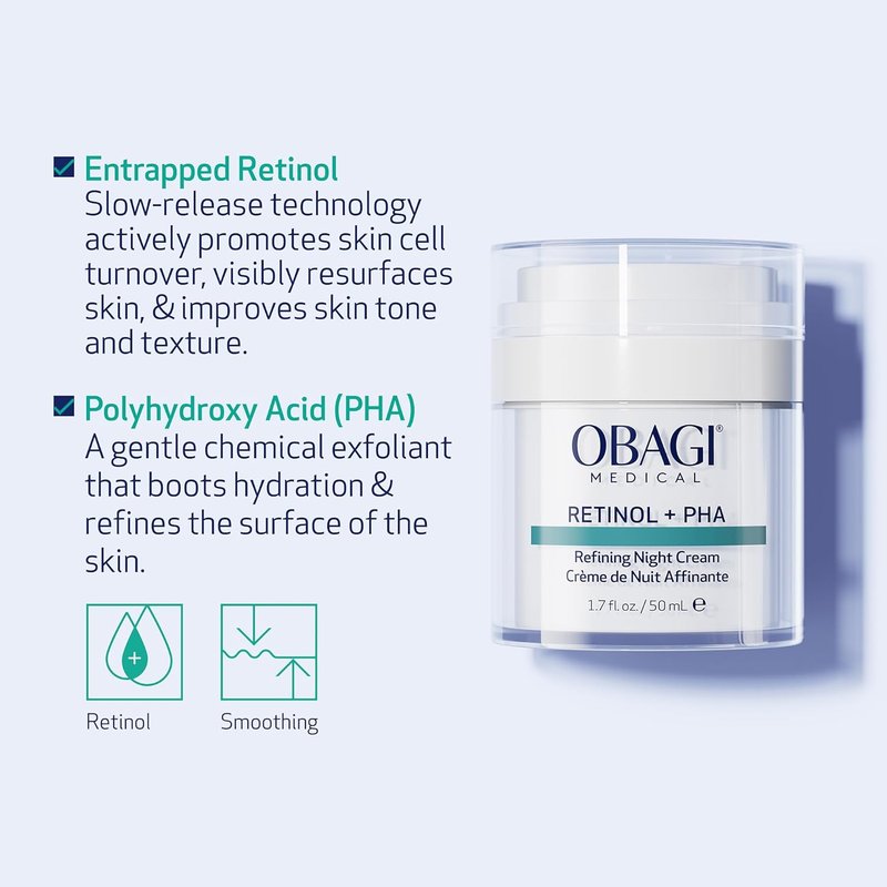 Obagi Medical Retinol + PHA Night Cream - Overnight Anti-Aging Formula for Smoother Skin | 1.7 Oz