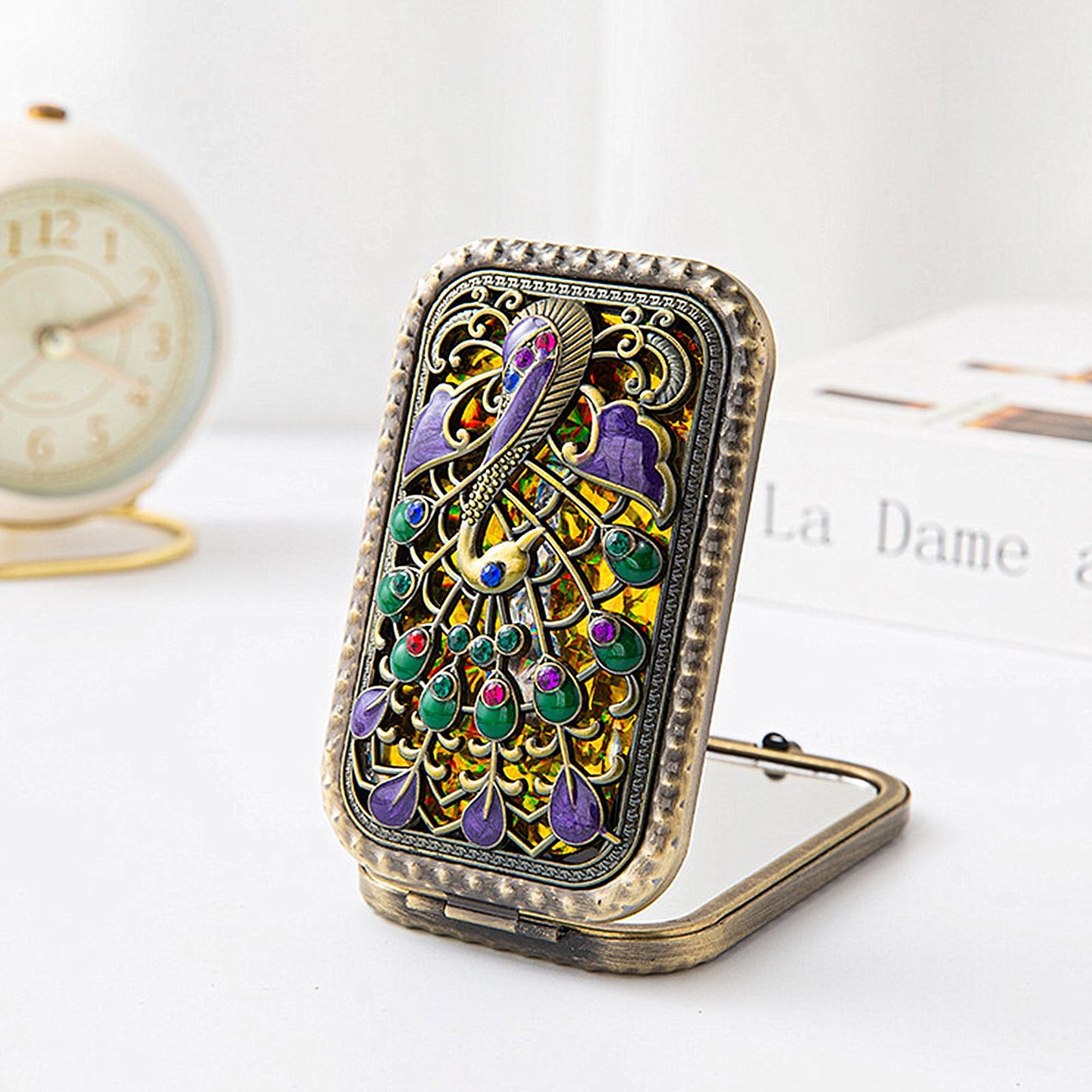 TANG SONG 6PCS Vintage Peacock Pattern Cosmetic Makeup Pocket Purse Magnification Jewel Mirror (6 Different Patterns)