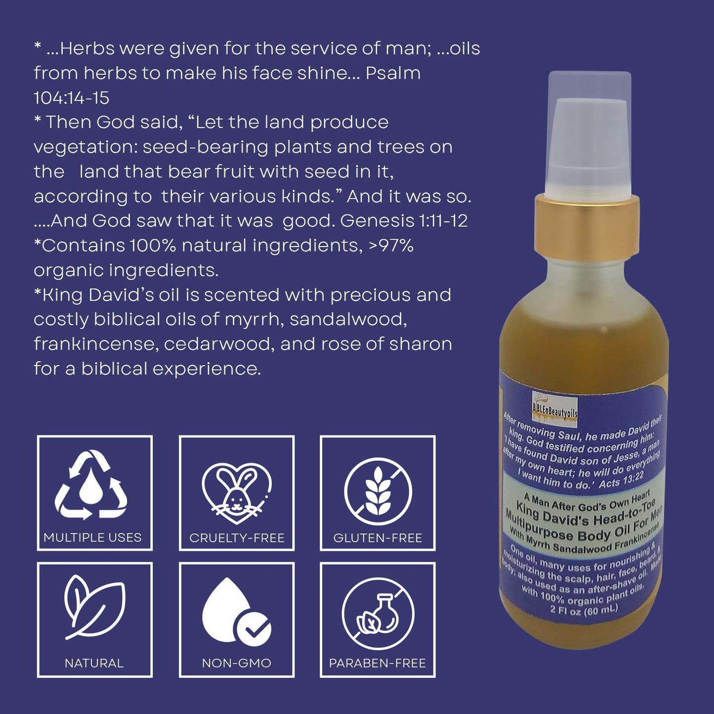 BIBLE N Beautyoils A Man After God’s Heart King David’s Body Oil, Hydrating, Nourishing Body Oil Infused with Myrrh,Sandalwood, Frankincense, Cedarwood, Non-Greasy Men's Grooming Essential Moisturizer
