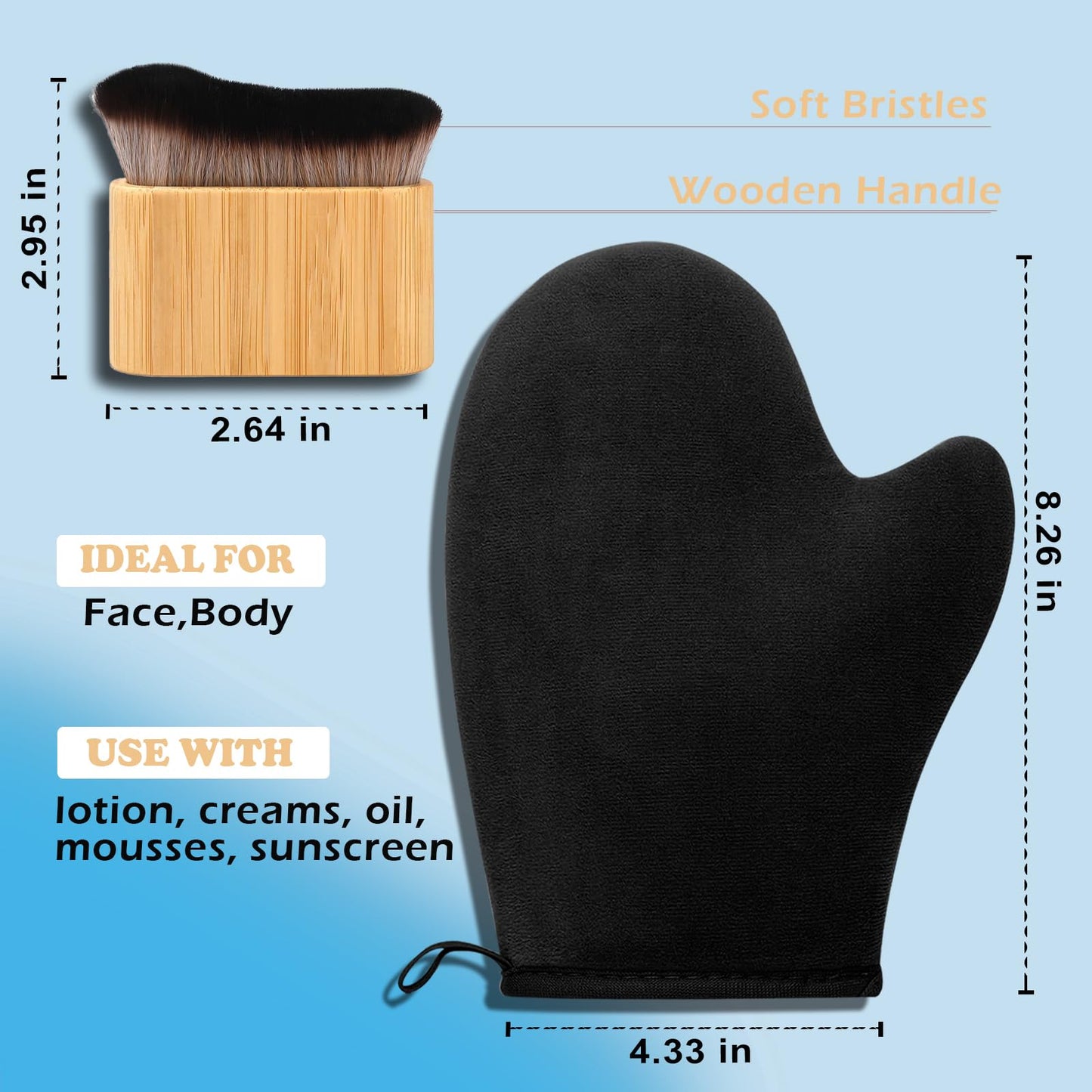 Self Tanning Mitt and Kabuki Brush 2 in 1 Set Double Sided Velvet Glove with Non Slip Grip and Ergonomic Applicator for Streak Free Sunless Tan Body Face