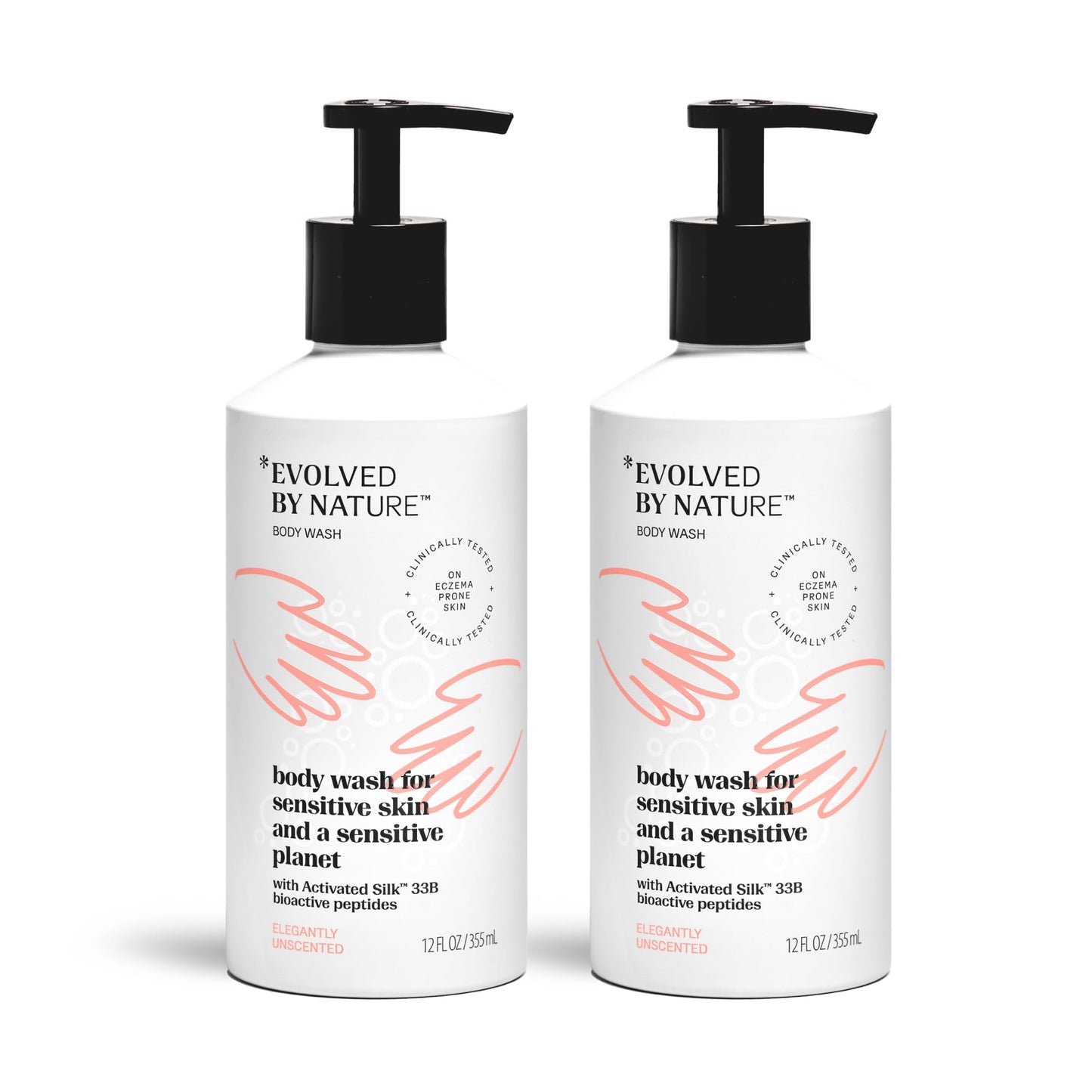 EVOLVED BY NATURE Body Wash, Unscented Shower Gel, 12oz (Pack of 2) Gentle, Clinically Proven Body Soap Liquid to Help Sensitive Skin Retain Moisture and Look Smoother, Less Dry, Red & Flaky