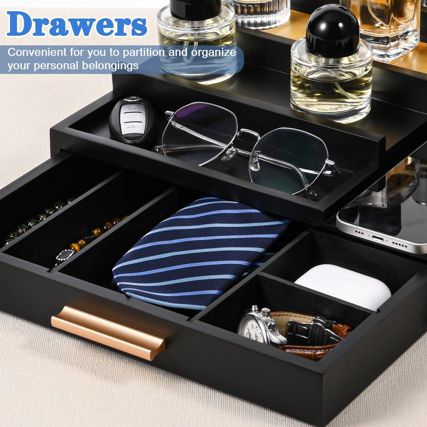 Zioffiel Cologne Organizer for Men, 5 Tier Wooden Perfume Organizer Display with Drawer and Hidden Compartment, Cologne Stand, Perfume Stand, Display Risers, Gift for Men (Brown)