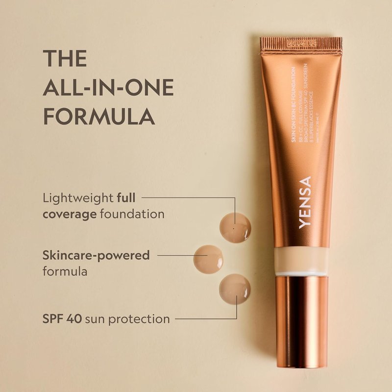 YENSA Full Coverage Foundation | CC & BB Cream with SPF 40, Hyaluronic Acid & Peptides - Light Warm (1 oz)