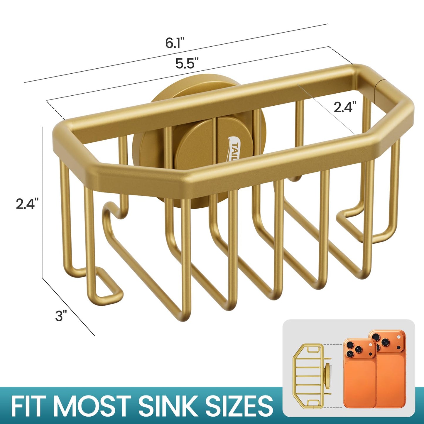 TAILI Sponge Holder for Kitchen Sink with Strong Suction Cup, Rustproof Aluminum Sink Caddy for Sponges, Brushes, Stoppers & Scrapers, Gold