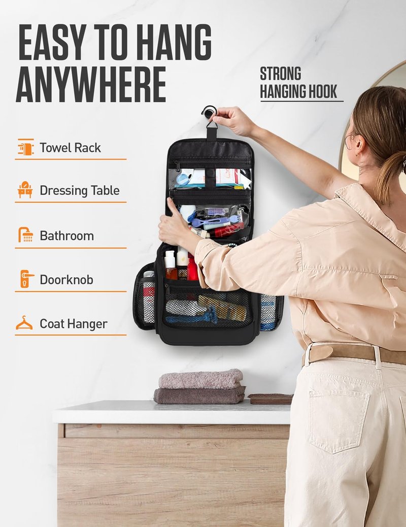 VENTURE 4TH Hanging Travel Toiletry Bag for Women & Men – Large Toiletry Organizer with 18 Compartments, Removable TSA Pouch, Travel Wash Bag for Toiletries, Makeup & Shaving Kit (Black)
