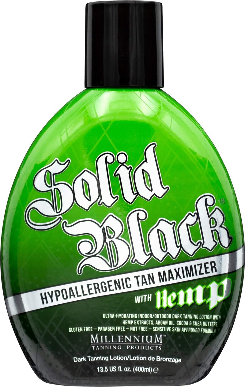 Millennium Tanning Solid Black Hypoallergenic Tan Maximizer Ultra Hydrating Indoor/Outdoor Dark Tanning Lotion with Hemp | Argan Oil | Cocoa and Shea Butter | Paraben Free, 13.5 oz