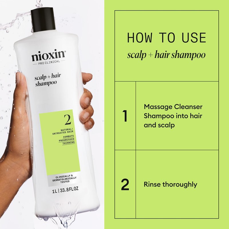 Nioxin Scalp + Hair Thickening System 2 Shampoo| For Natural or Untreated Hair with Progressed Thinning| With Niacinamide and Biotin| 33.8 Fl oz.