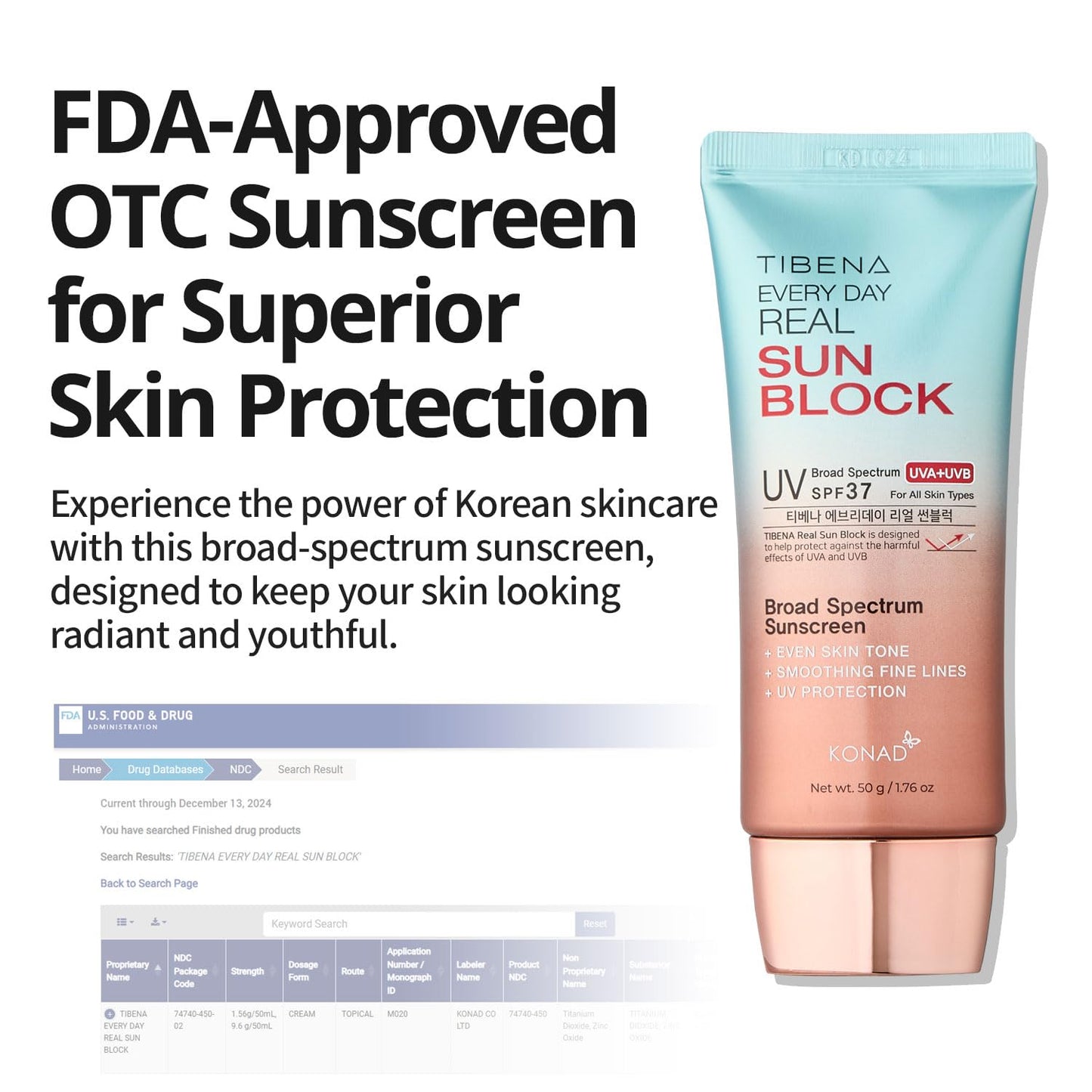 TIBENA Everyday Real Mineral Sunscreen SPF 37 | Lightweight Korean Sunblock for Face & Neck | No White Cast, Broad-Spectrum UVA/UVB Protection | Calming & Non-Greasy | 60g