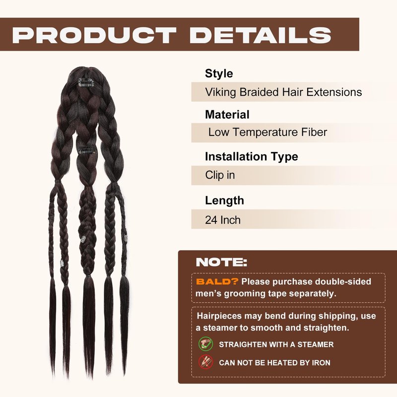 NTYNTY Viking Hair Extensions for Men – 24" Handcrafted Clip In Braided Ponytail Hairpiece for Halloween Viking Costume Renaissance Warrior Accessories - Dark Chocolate Brown