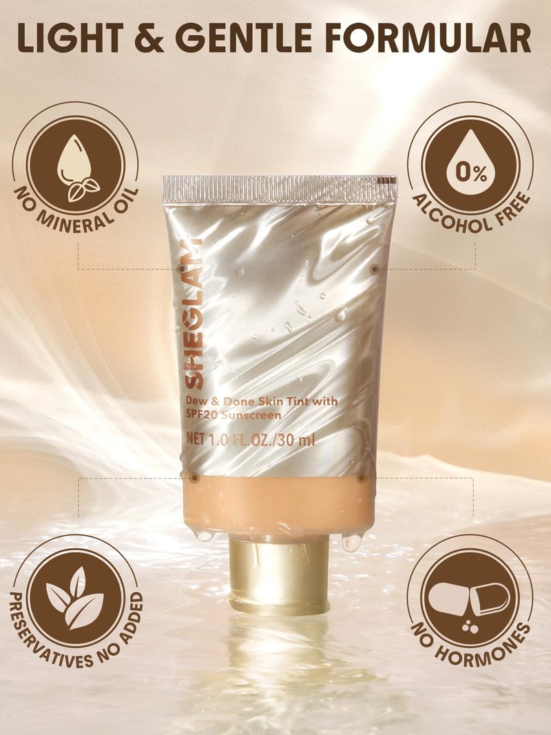 SHEGLAM Dew & Done Skin Tint with SPF20 Light-medium Coverage Foundation Evens Skin Tone-Shell