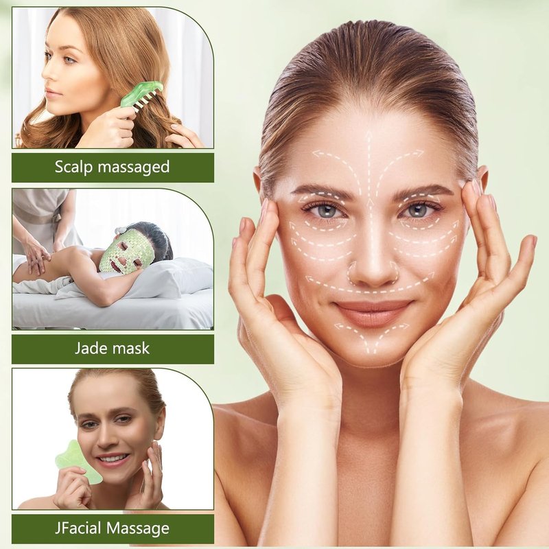 Jade Eye Mask Set - 4 Pcs Cooling Facial Massage Tools for Puffy Eyes | Light Green Jade Stone