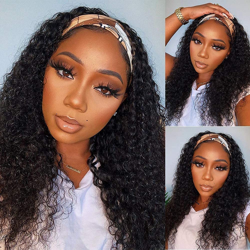 WENYAN Deep Wave Headband Wig Human Hair 12 Inch Curly Glueless Wigs #1B