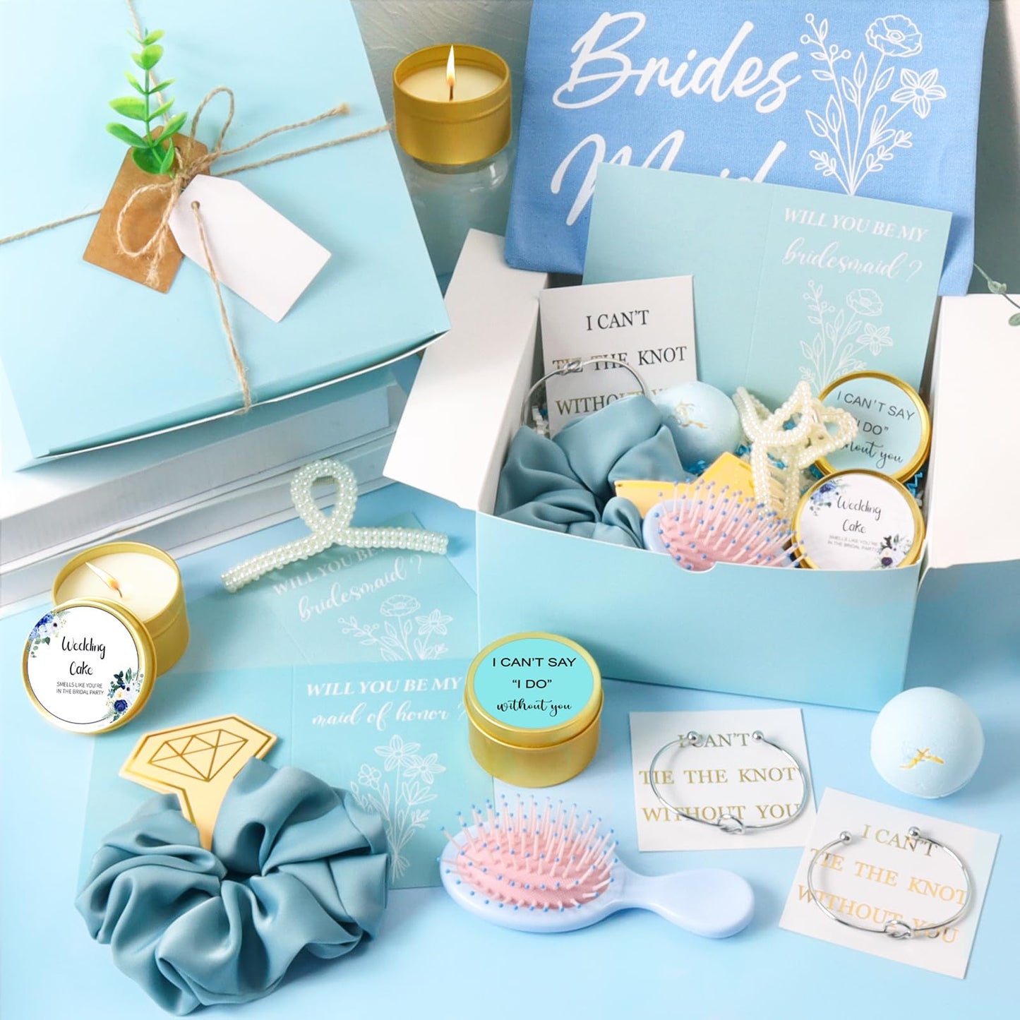 53pcs Bridesmaid Gifts Set of 4 Blue,Maid of Honor Proposal Gifts,Bridesmaid Proposal Boxes Set,Cosmetic Bag Scented Candle Salt Ball Scrunchies Hair Clip Knot Bracelet Bridal Party Bachelorette