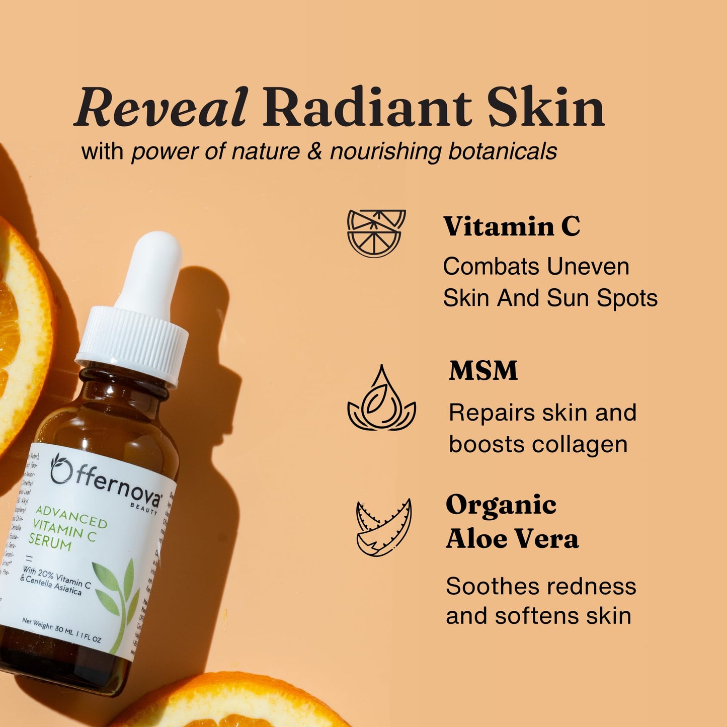 Offernova Organic Vitamin C Serum - 20% Vit C and Hyaluronic Acid Anti Aging Serum for Face, Eyes and Neck. Enhanced Absorption Dark Spot Corrector for Youthful Looking Skin, 1 oz