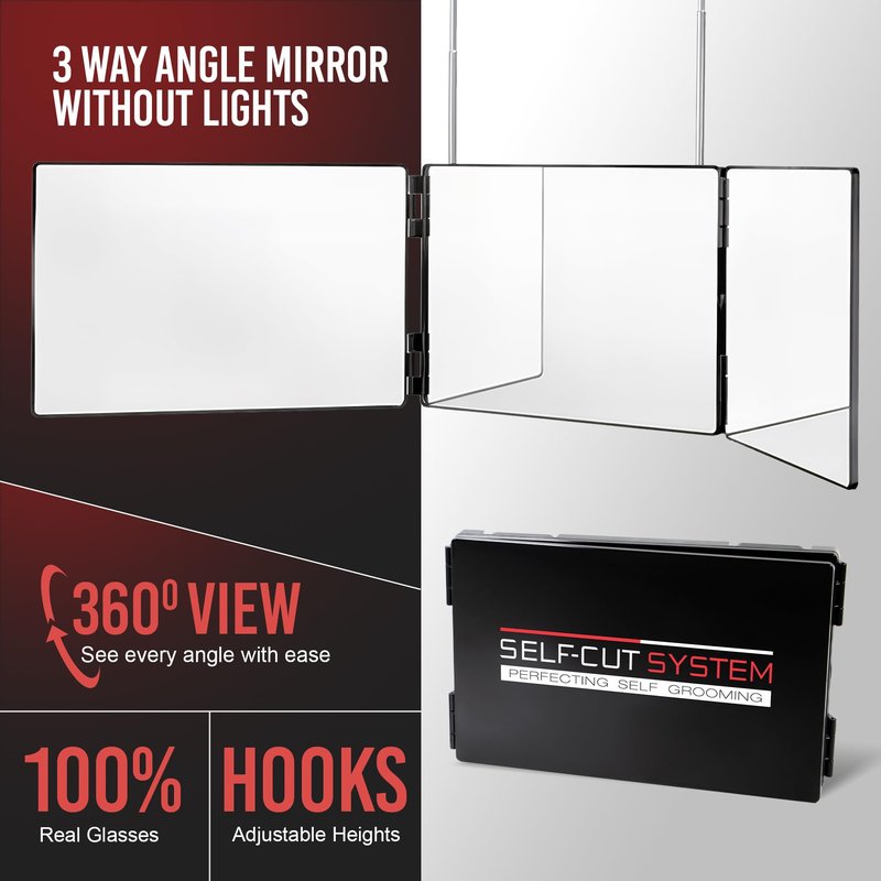 Self-Cut System 3-Way Mirror for Self Hair Cutting - Portable Trifold Mirror with Retractable Hooks, Impact-Resistant Glass, Fold Flat Design, Fits Standard Doors, Men & Women, 12.5" L x 1" W - Black