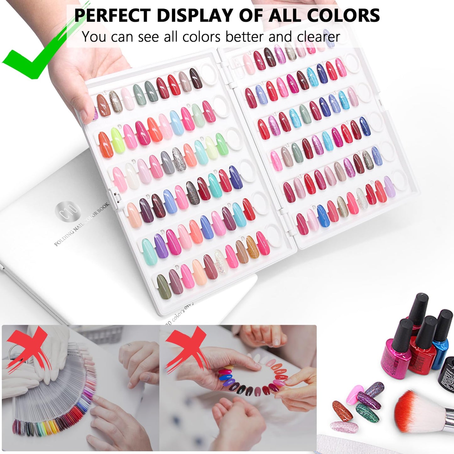 I·B·N G Nail Display Book Plastic Nail Swatch Book, C10 Nail Polish Color Swatch Nail Color Display with Clear Replacement Nails and Nail Polish Number Labels, Reorganizable, No Glue Required, White