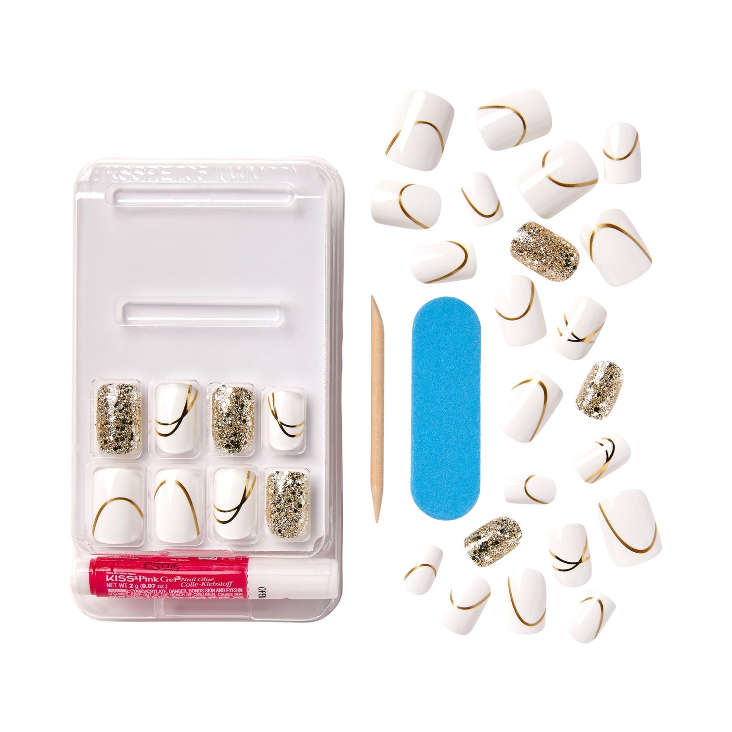 KISS Voguish Fantasy, Press On Nails, Nail glue included, 'Glam and Glow', White, Short Size, Squoval Shape, Includes 28 Nails, 2g glue, 1 Manicure Stick, 1 Mini File