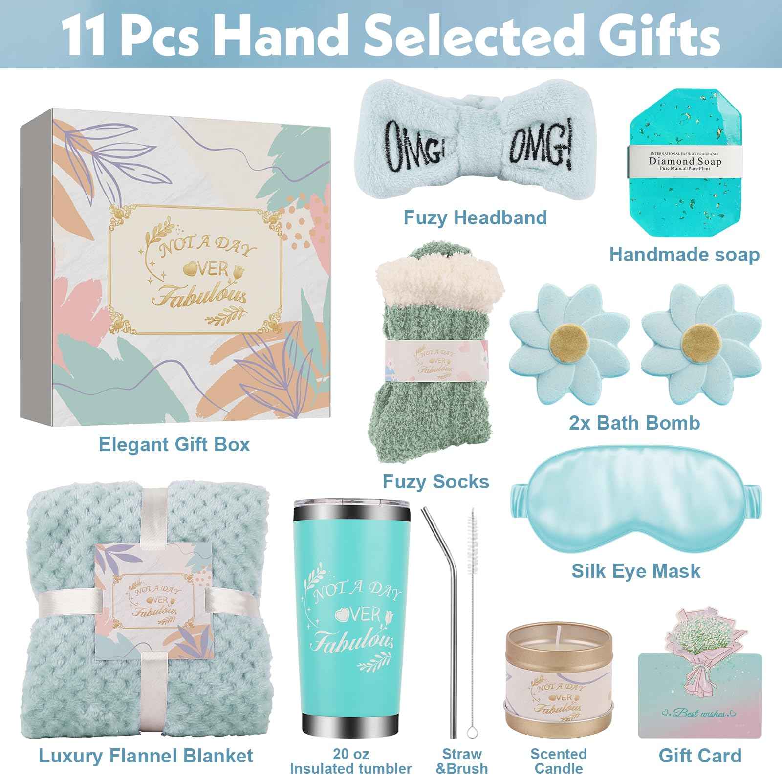 Luxury Spa Gift Basket for Women -Self Care Birthday Gifts Set with Bath Bombs,Bath Salts,Flannel Blanket&Soy Candle Relaxing Gifts for Wife,Mom,Best Friend,Her Perfect For Mother's Day(Blue)