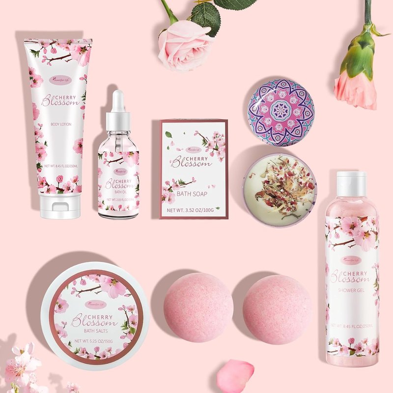 Bath and Body Gift Set for Women - Luxurious Japanese Cherry Blossom Spa Essentials | 7-Piece Set with Shower Gel, Lotion, Bath Oil, Salt, Soap, Bombs & Candle
