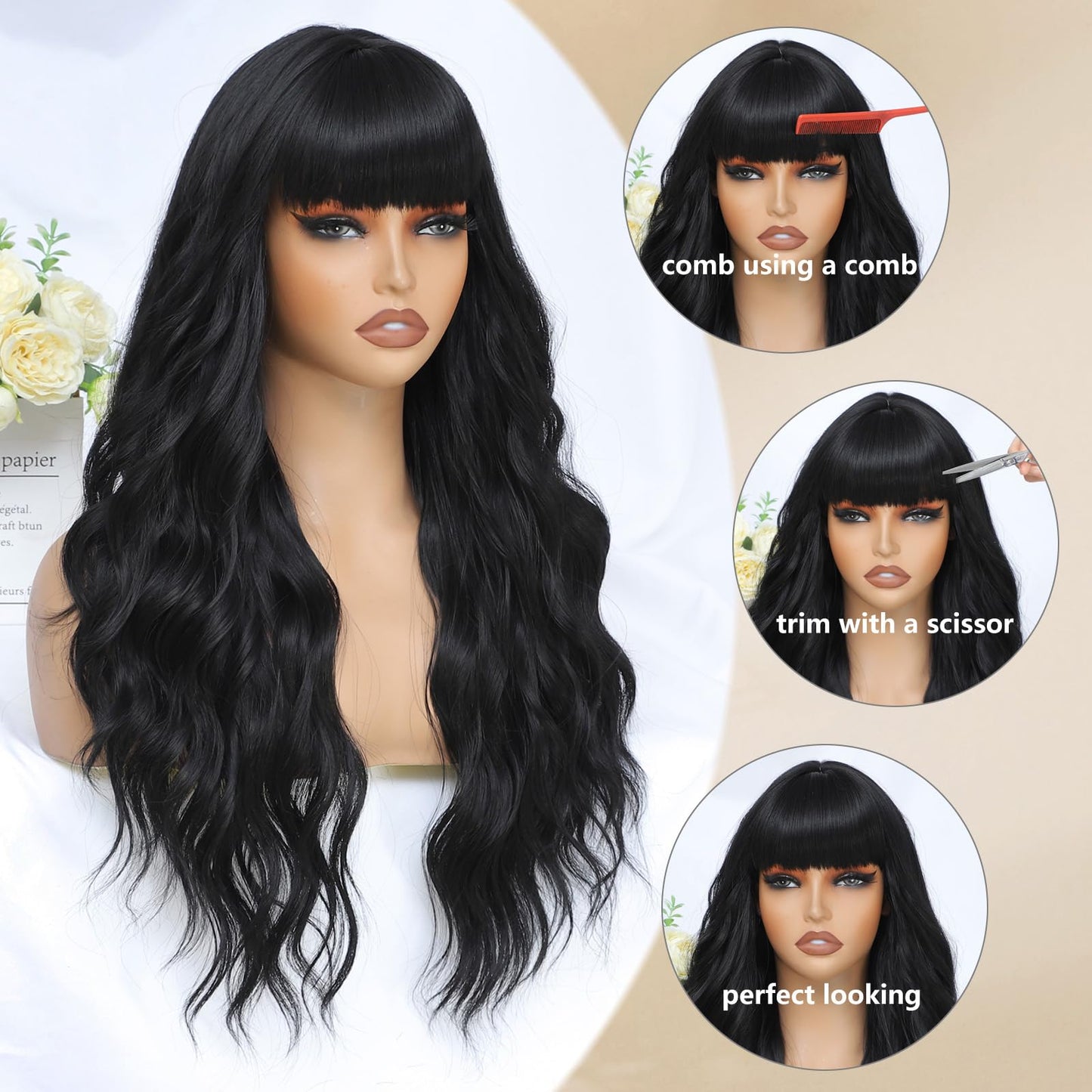 MINSEEYOO Black Wig with Bangs for Women Long Black Wavy Wigs 26 Inch Natural Black Wigs Natural Looking Heat Resistant Synthetic Wig for Daily Party Use