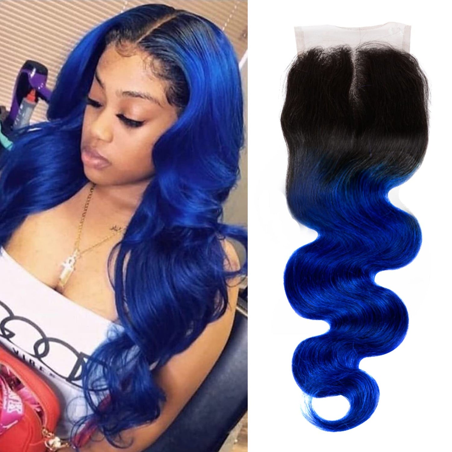 SEXAY Blue Closure 4x4 Lace Closure 100% Human Hair Brazilian Body Weaving ombre blue Color Virgin Hair Closure(18inch Blue)