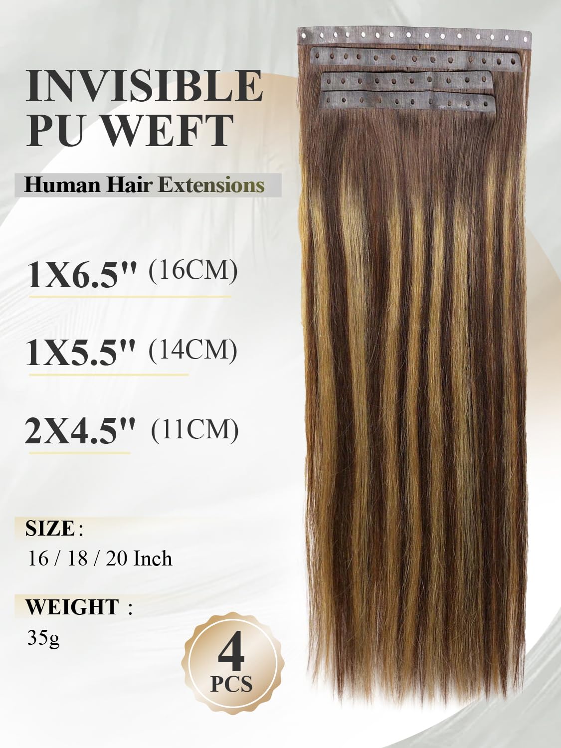 Invisible Weft Hair Extensions - Real Human Hair PU Skin Weft | Seamless T4/27 Balayage Caramel Blonde (16 Inch, 35g, 4 Pcs)