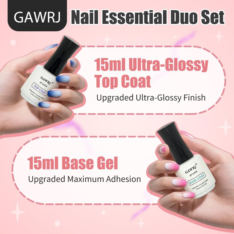 GAWRJ Long Lasting Base Coat Gel, 2-Pack 15ml, Anti-Yellowing Non-Shrinkage Nail Primer for Extensions, Acrylic, Polygel, Tips, Cures with UV/LED Lamp for Professional Salon & DIY