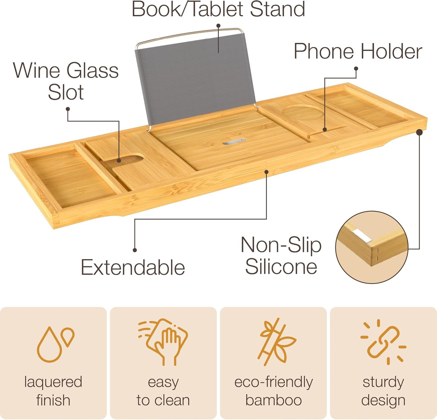Bathtub Tray - Expandable Bamboo Bath Caddy with Wine Holder & Tablet Stand | Perfect Bathroom Accessory for Relaxation