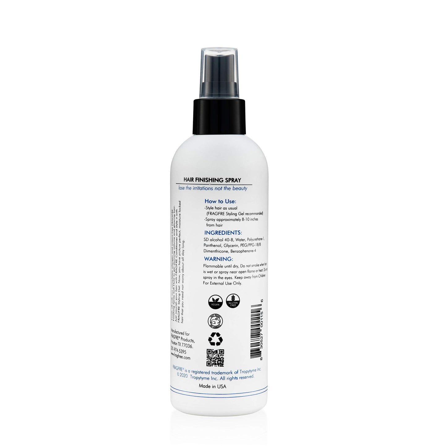 FRAGFRE Hair Finishing Spray 8 oz - Fragrance Free Flexible Soft Hold for Sensitive Skin Hypoallergenic Denatured Alcohol Vegan