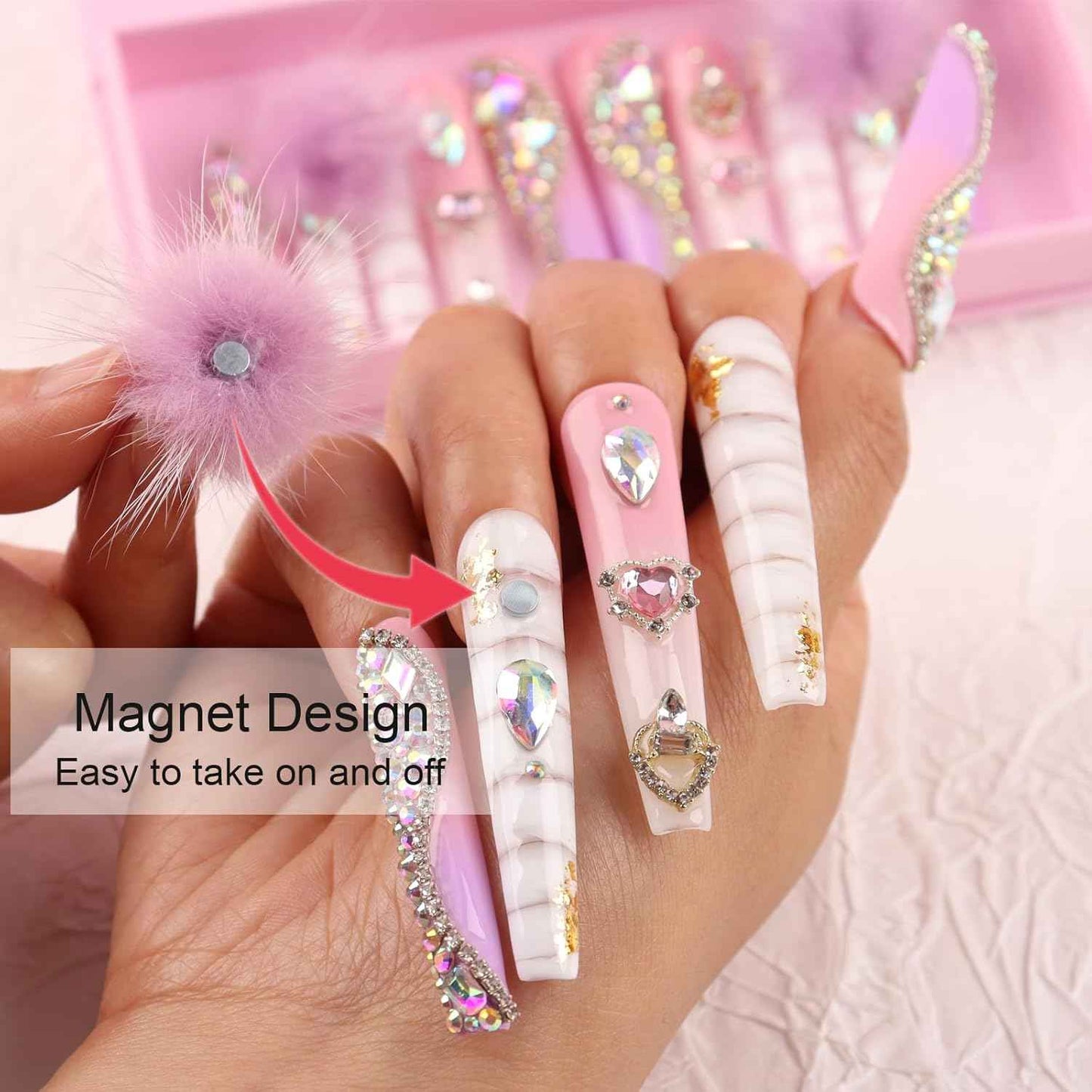 Luxury Pink Acrylic Nail Tips with Crystals - Reusable Long Square Press-On Nails (10 Pcs, Size M)