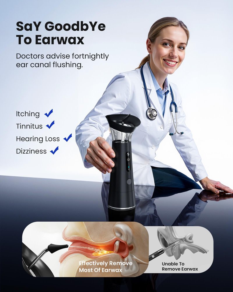 Electric Ear Wax Removal with Separated Dual Tank, IPX6 Waterproof Ear Cleaner Kit, Water Temperature Detection, Ergonomic Upright Rinse Design, USB-A to C Cable